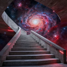 a brutalist concrete stairway filled with nebulas and galaxies by artgerm and magali villanueve and michael whelan, red and white led lights. 8 k uhd