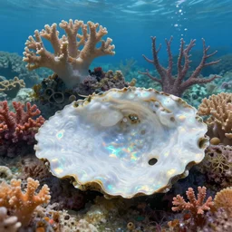 landscape, corals, nacre, sea, white, iridescent. fantasy, digital painting, hd, highly detailed, vibrant colors.