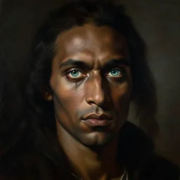 a baroque neoclassicist close - up portrait of a dark magician wearing make - up gazing intensely with big glowing eyes. head, face and shoulders, foggy background. renaissance portrait painting. highly detailed science fiction painting by norman rockwell, frank frazetta, and syd mead. rich colors, high contrast, gloomy atmosphere, dark background. trending on artstation.
