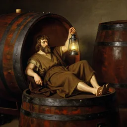 interior of wine cask Portrait Portrait of Diogenes of Sinope the Cynic Sage donning hermit costume whilst brandishing lantern whilst laying in an enormous wine cask winslow homer theodore gericault norman rockwell donato giancola john william waterhouse maxfield parrish mikhail vrubel arkhip kuindzhi astri lohne stained lacquer glaze