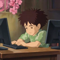 a sleepy boy sit in desk with a computer, medium shot, waist up, studio ghibli, pixar and disney animation, sharp, rendered in unreal engine 5, anime key art by greg rutkowski, bloom, dramatic lighting
