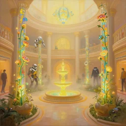 a bright minimalist bioluminescent oil painting by donato giancola, warm coloured, cinematic scifi luxurious futuristic foggy steam filled victorian garden circular shopping mall courtyard with microscopy stained glass flowers growing out of pretty bulbous ceramic fountains, gigantic pillars and flowers, maschinen krieger, beeple, star trek, star wars, ilm, atmospheric perspective