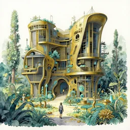a hiper intricate watercolor of a concept architecture art house solarpunk in the garden, style brutalism, gold and black turquoise ratio, extremely detailed, sharp focus, wide view, detailed rought paper, digital illustration, colorfull, by william turner art, by greg rutowski, by carl larson, by edmund dulac