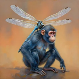painting of hybrid between dragonfly!!!!!!! & monkey, intercrossed animal, by zdzislaw beksinski, by lewis jones, by mattias adolfsson, cold hue's, warm tone gradient background, concept art, beautiful composition, digital painting