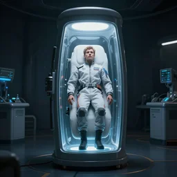 epic professional digital art of person in futuristic suspended animation chamber, dark room, upright chamber, hamish frater, jim burns, hd, 4 k
