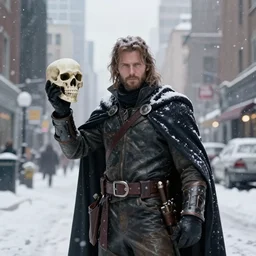 a hero with a cape holding a skull during a blizzard in a city, award winning, trending on artstation, unreal engine