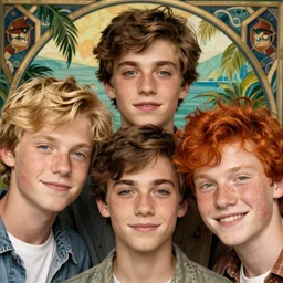 close up portrait of mischievous male teen triplets, three teenagers - blond boy, brunette boy and redhead boy, ambercrombie by artgerm, cushart krenz, greg rutkowski, mucha. art nouveau. gloomhaven, tropical atmosphere, natural tones, vibrant colors, sharp edges. ultra clear detailed. 8 k. elegant, intricate, octane render