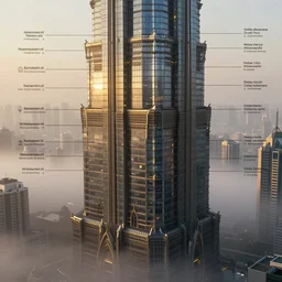 full detailed intricate schematic of worlds tallest building, brutalism!! cyberpunk gothic detail, glass and steel, golden hour, misty atmosphere