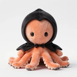 cute eight legged octopus plush doll wearing a bat poncho with normal arms, by the sanrio company, real, in collaboration with build a bear company, kawaii
