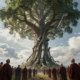 biomechanical arms and legs growing out of a tree with cables connected to the branches, intricate details, finger branches, backlit, clouds, a crowd of robed worshipers, a giant climbing the tree, concept art, by greg rutkowski
