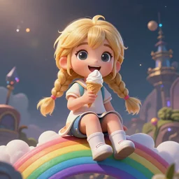 An epic fantasy comic book style portrait painting of an adorable little albino girl with blonde dreads eating ice cream, smiling, sitting on top of a rainbow, atmospheric fantasy setting, unreal 5, DAZ, hyperrealistic, octane render, RPG portrait, ambient light, dynamic lighting