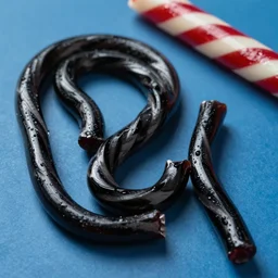 twisted strands of black licorice on a blue background, candy, twizzlers, shiny, chesley bonestell, vincent di fate