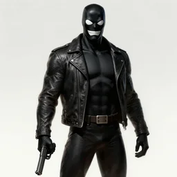 concept art of a comic book character wearing a full body black spandex with white eyes, and drawn sharp teeth on the jaw. wearing a black leather jacket. holding a glock. hd. artstation. digital painting.