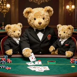 teddy bears wearing suits, playing poker in a fancy casino in the style of william - adolphe bouguereau