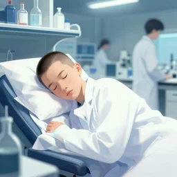 exhousted young scientist with short slicked - back hair, sleeping in a labratory - wearing white suit, wearing, digital art, behance hd by jesper ejsing, by rhads, makoto shinkai and lois van baarle, ilya kuvshinov, rossdraws global illumination.