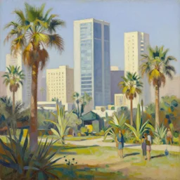 painting of a modern city with palms and egyptian vegetation lot of light radiosity, gaston bussiere, craig mullins, krenz cushart, simon stalenhag