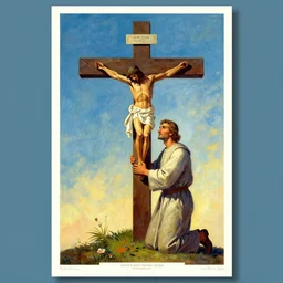 by anton fadeev petros afshar beautiful graphic full body portrait, a man kneeling at the base of the christian cross, poster art 1 9 7 0 s illustrated advertising art, painterly character design