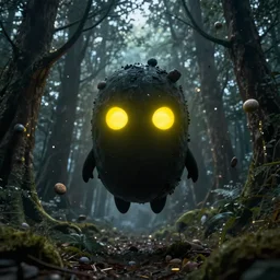dark fantasy photorealistic concept art of bill cipher floating in the middle of a forest with glowing yellow eyes, and pebbles floating in the air, gloomy seen, dynamic lighting, ambient lighting, atmospherical, stunning visuals, creative, cinematic, ultra detailed, trending on art station