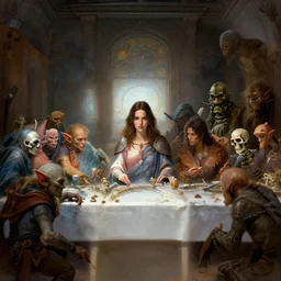 dnd last supper, kate beckinsale as paladin at center, goblin, mage, skeleton, orc, troll, golem, 8 k, deep focus, d & d, fantasy, intricate, elegant, highly detailed, digital painting, artstation, concept art, matte, sharp focus, illustration, hearthstone, art by alphonse mucha