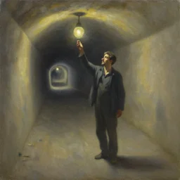 a man holding a light at the end of a tunnel, oil painting
