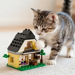 a kitten rubbing its paw on a Lego house on carpet