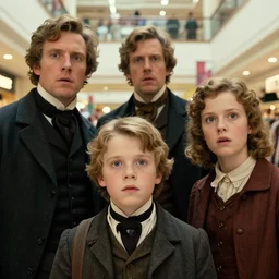 sharp, highly detailed, high quality 105mm frame scan from a sci fi blockbuster color movie made in 2019, a family of four time travelers from 1860 travel in time to 2019, appearing in a shopping mall, looking surprised, the family are all wearing 1860s era clothes, good lighting, in focus, cinematic still, high quality scan, in focus, 35mm macro lens, detailed eyes, realistic faces and details, oscar winner, award winning lighting, award winning photography, ultra high definition