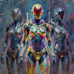 concept art of cybersuits, intricate vibrant colors, colorful detailed projections, cinematic shot, oil painting by jama jurabaev, extremely detailed, brush hard, artstation, for aaa game, high quality, brush stroke