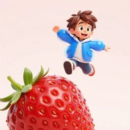 madeline from celeste jumping to a big strawberry, ( ( ( blue bubble jacket ) ) ) ( ( ( red long hair ) ) ), highly detailed, digital painting, artstation, concept art, sharp focus, illustration, art by greg rutkowski and alphonse mucha