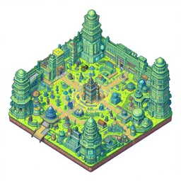 isometric pixelart intricate flourescent complex wimmelbild illustration of final fantasy tactics advance 2 map by greg rutkowski and Ryōma Itō and dan mumford trending on artstation