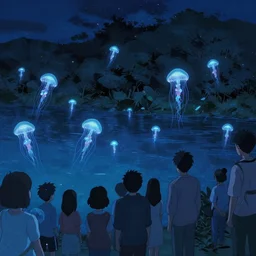 glowing jellyfish immigration in a river crowd watching from the shore, evocative, mystical night, detailed, award - winning, trending on artstation, deviantart artwork by makoto shinkai and james gurney,