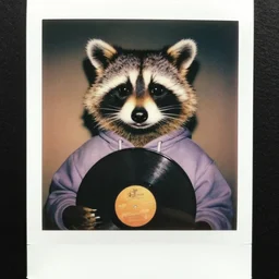 close - up, photo of a anthropomorphic raccoon wearing a hoodie, holding a vinyl record, 8 0 - s fashion, colored, polaroid photo, by warhol,