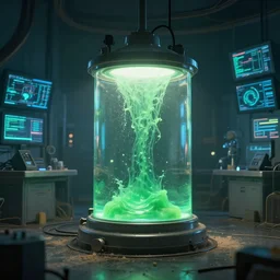cyberpunk underground lab with a glas tank and green goo inside, lot of screens on the wall, dusty, volumetric lights, cinematic, incredibly detailed, octane render,