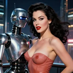 closeup beautiful retro space dita von teese posing with a chrome robot in dieselpunk city at night, pinup, windblown dark hair, seductive, hyper detailed, digital art, smooth, sharp focus, luis royo, gil elvgren, alberto vargas, 1 9 5 0, when mars attacks