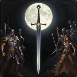 7 0's sci fi and fantasy cover art sword shadowed by the moon, by lehr, by moebius, by giger, by frazetta, center frame, symmetrical, smooth, matte painting, canvas