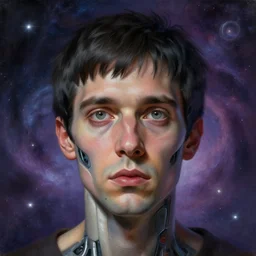 surreal portrait of a man by Greg Rutkowski, symmetrical face, he is about 30 years old, short black hair with bangs, his features are a mix between French, Turkish and Russian, transformed into a kind of biomechanical transhuman god, uncany but fascinating, expression of epiphany and determination, cosmic void background, frightening, fascinating, highly detailed portrait, digital painting, book cover, artstation, concept art, smooth, sharp foccus ilustration, Artstation HQ