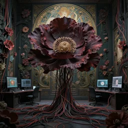dark blossom and wires, in a floral room full of neural networks and wires and computers, dark sci - fi, ai, 4 k realistic, art nouveau, alponse mucha
