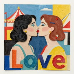 two dream women kissing at a carnival made of love, mixed media collage, retro, paper collage, magazine collage, acrylic paint splatters, bauhaus, abstract claymation, layered paper art, sapphic visual poetry expressing the utmost of desires by jackson pollock