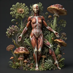 a beautiful detailed full body rotten woman corpse morphing into fractal plants and fractal flowers and mushrooms, muscles, veins, anatomical, intricate, ornate, volumetric light, beautiful lit, manet