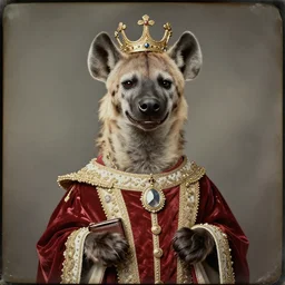 professional studio photo portrait of anthro anthropomorphic spotted hyena head animal person fursona smug smiling wearing elaborate pompous royal king robes clothes wallet frame by Louis Daguerre daguerreotype tintype