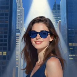 portrait of a beautiful woman, nigh in the city, skyscrapers, smiling, shades of blue, beautiful face, rule of thirds, spotlight, by greg rutkowski, by jeremy mann, by francoise nielly, by van gogh, digital painting