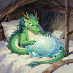 the friendly dragon slime awoke from its slumber beneath the bed frame, digital painting masterpiece, haunting beautiful brush strokes, painted by Moebius and Hayao Miyazaki and Akira Toriyama