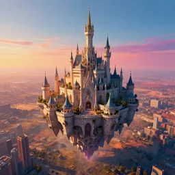 a beautiful hyper realistic detailed matte painting of a city floating in the air, flying castle might, vivid color hues, looks like creativity by john howe, greg rutkowski, gustave dore, ferdinand knab, aerial view above a desolate apocalyptic plain, barometric projection, rectilinear, octane render, ellen jewett, beautiful surreal palatial pulsar at dawn