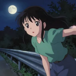 anime visual, dark portrait of a young girl sightseeing overlook at from the park exterior, moon, guardrail, cute face by, yuya nagai, katsura masakazu, ilya kuvshinov, dynamic pose, dynamic perspective, anime cels, flat shading, rounded eyes, realistic proportions, dramatic, detailed facial features