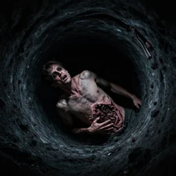 a photograph of a man who is being gradually sucked into a black hole deep inside his guts. deep abyssal voids appear all over his being, and his eyes have fallen out.