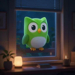 duolingo owl outside a window, living room, night, dark, lamp