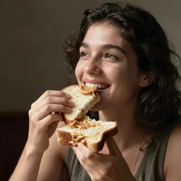 a person eating a peanut butter sandwich and looking very pleased with themselves
