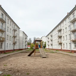 a regular russian courtyard with mud and an old playground between two soviet five-storey panel houses, high details, cinematic, 8k resolution, beautiful detailed, insanely intricate details, artstation trending, octane render, unreal engine