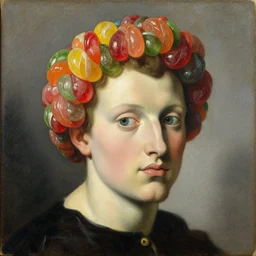 a head made out of candy by giuseppe arcimboldo, oil on canvas