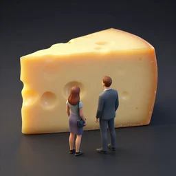 a couple of small figurines standing next to a piece of cheese, an ambient occlusion render by james paick, featured on polycount, space art, made of cheese, behance hd, uhd image