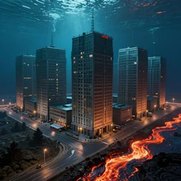 soviet panel building underwater with street in front and lava river by greg rutkowski and seb mckinnon, street lights water refraction, artstation